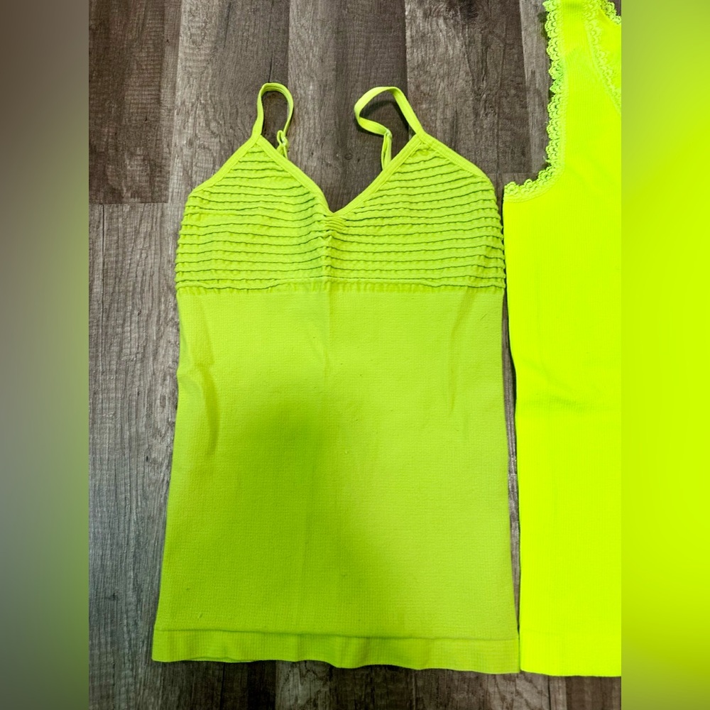 2‎ Neon Lime Green Camisole Tops Lace Trim Racerback and Pleated Bust Camis - Picture 2 of 4